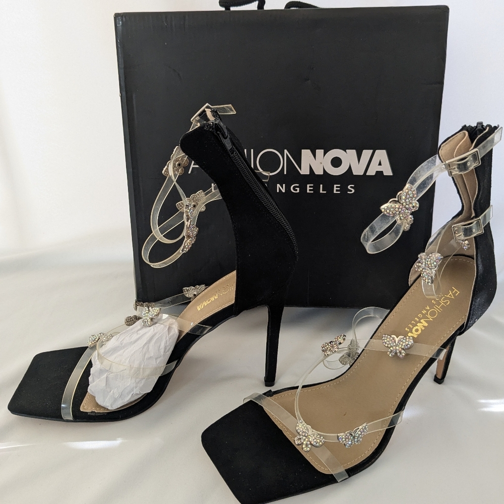 Fashion Nova Rhinestone Butterfly Stiletto Heel Clear Strap Square Toe Size 10